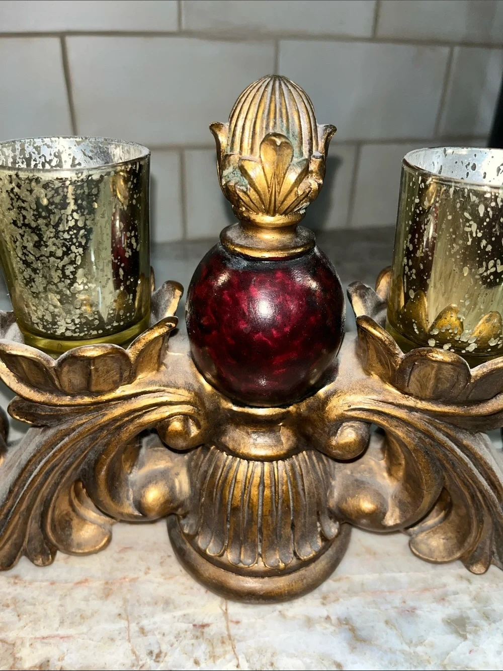 Ornate Gold and Burgundy Decorative Candle Holder Centerpiece